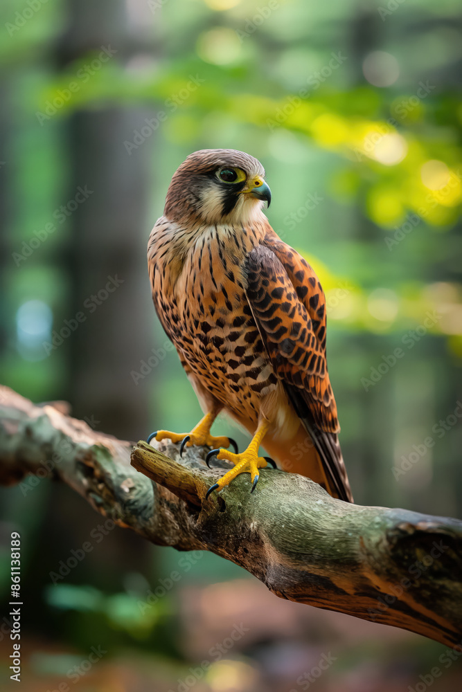Common kestrel perched on branch in forest setting Common kestrel perched on branch in forest setting