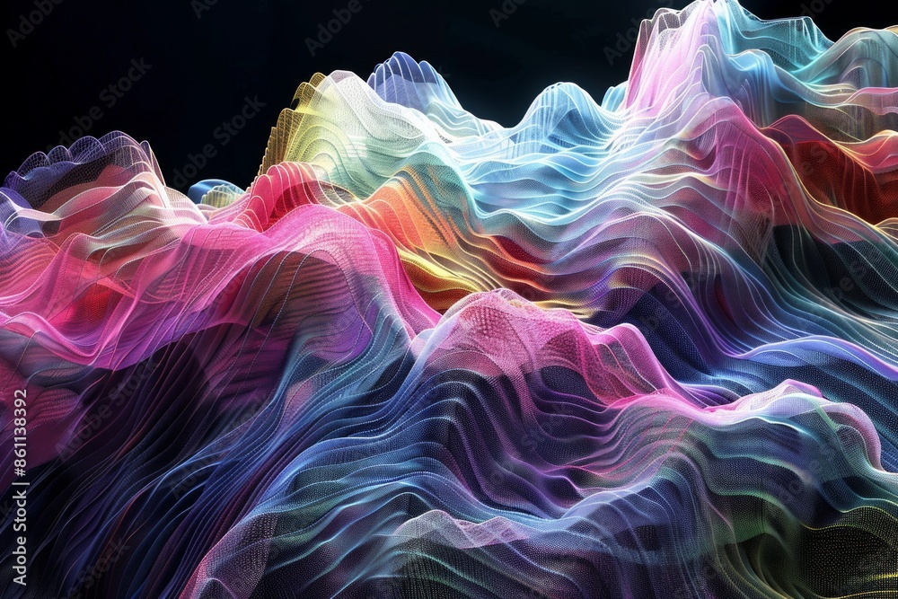 Naklejka premium Digital generated image of abstract multicoloured wave pattern against black background.