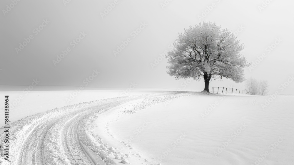 Fototapeta premium A lone tree stands in a snowy field. AI.