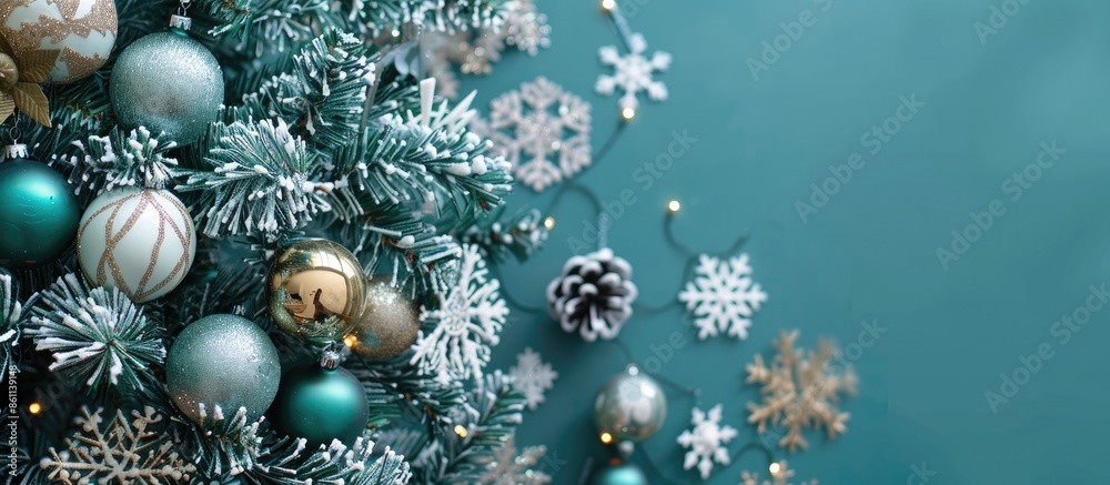 Beautiful Christmas tree decorated with snowflakes and balls in room, closeup. Copy space image. Place for adding text and design Beautiful Christmas tree decorated with snowflakes and balls in room, closeup. Copy space image. Place for adding text and design