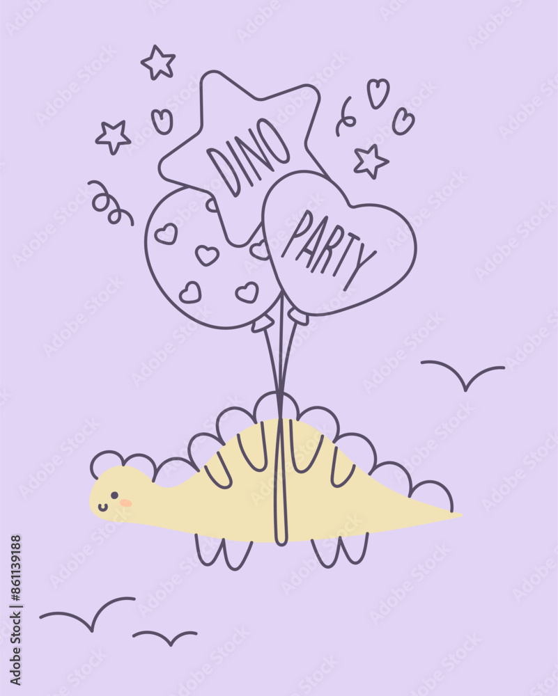 Greeting card with dinosaur. Happy birthday greeting card, poster, banner, baby shower template. Lettering, balloons, confetti. Vector illustration in Scandinavian style Greeting card with dinosaur. Happy birthday greeting card, poster, banner, baby shower template. Lettering, balloons, confetti. Vector illustration in Scandinavian style