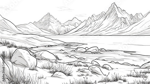 coloring book The image is a black and white line drawing of a mountain landscape photo