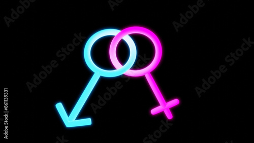 Male and female symbols, dark black background Neon design.