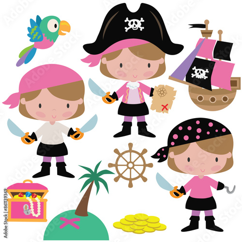 Cute pirate girl crew  vector cartoon illustration