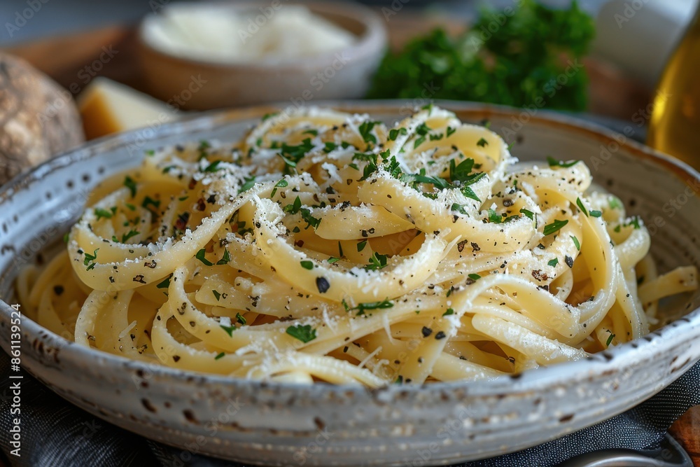 A bowl of truffle pasta, with freshly shaved black truffles and a sprinkle of Parmesan cheese, garnished with parsley. A bowl of truffle pasta, with freshly shaved black truffles and a sprinkle of Parmesan cheese, garnished with parsley.