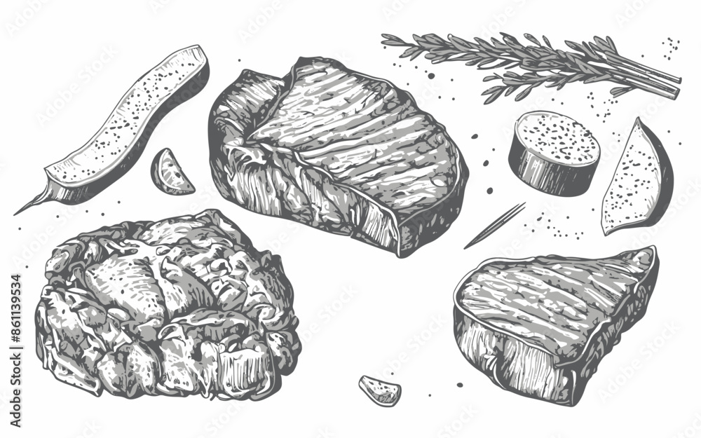 Fototapeta premium Hand drawn steak cuts and herbs sketch accompanied by herbs and spices on a white background.