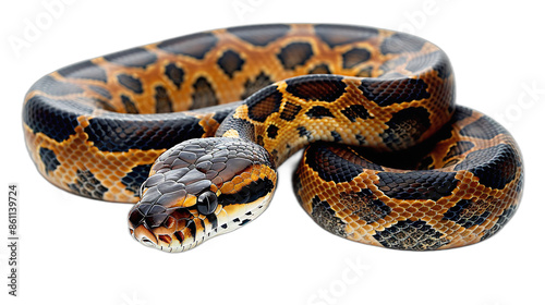 A close up image of a brown and black python snake coiled  on a transparent background photo