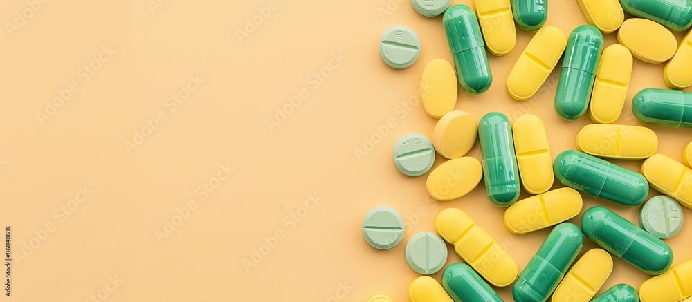 Medicine green and yellow pills or capsules on pastel background with copy space. Drug prescription for treatment medication. Pharmaceutical medicament, cure in container for health. Antibiotic Medicine green and yellow pills or capsules on pastel background with copy space. Drug prescription for treatment medication. Pharmaceutical medicament, cure in container for health. Antibiotic