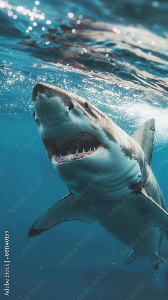 Fototapeta premium Majestic Shark Underwater. Powerful predator in the deep sea