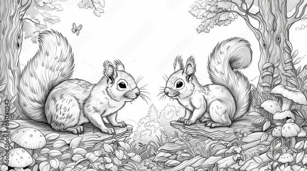 Fototapeta premium coloring book Two squirrels are sitting on a rock in front of a tree. The left squirrel is holding a nut in its paws, and the right squirrel is looking at the nut.