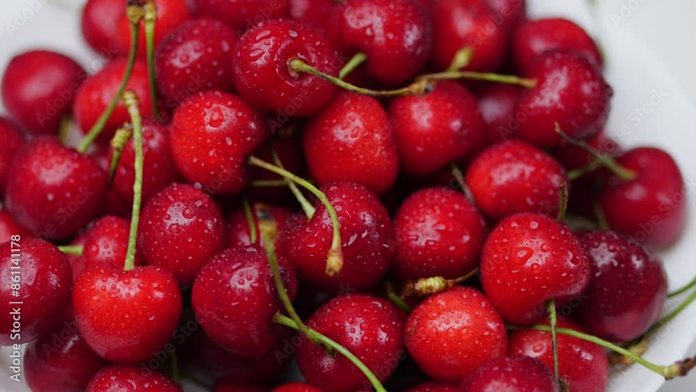Freshly picked cherries spin on a white plate. Tasty fruits on a dark background, macro views. Healthy eating, vegetarian diet. Nicely lit, tempting presentation. Freshly picked cherries spin on a white plate. Tasty fruits on a dark background, macro views. Healthy eating, vegetarian diet. Nicely lit, tempting presentation.