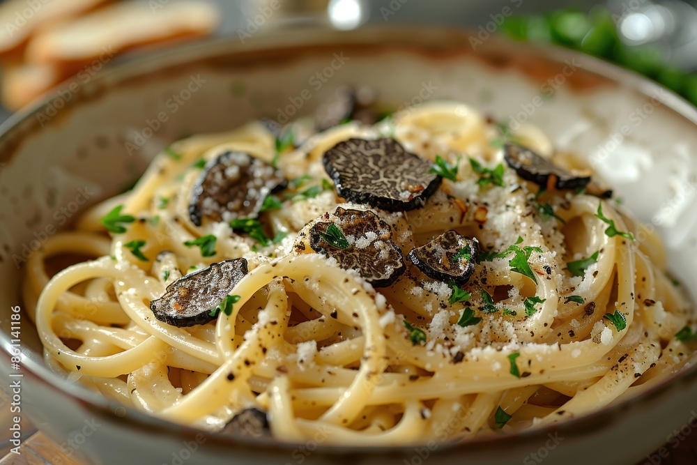 A bowl of truffle pasta, with freshly shaved black truffles and a sprinkle of Parmesan cheese, garnished with parsley. A bowl of truffle pasta, with freshly shaved black truffles and a sprinkle of Parmesan cheese, garnished with parsley.