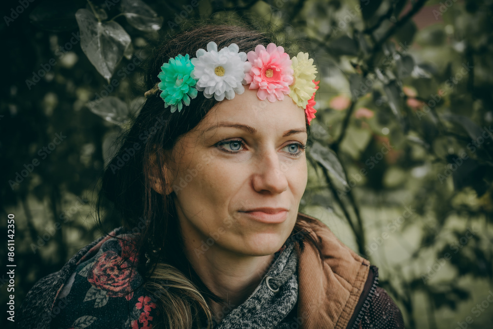 A woman with blue eyes and a colorful flower crown gazes thoughtfully. She stands outdoors, surrounded by lush greenery. A woman with blue eyes and a colorful flower crown gazes thoughtfully. She stands outdoors, surrounded by lush greenery.