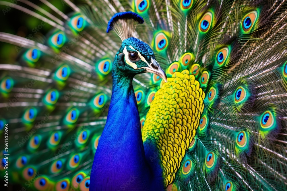 Obraz premium Birdwatching close-up of a peacock displaying its feathers, birdwatcher captivated by the colors