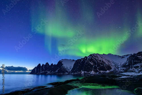 Wallpaper Mural Northern lights with snowcapped mountains and sea on Senja island, Troms, Norway Torontodigital.ca