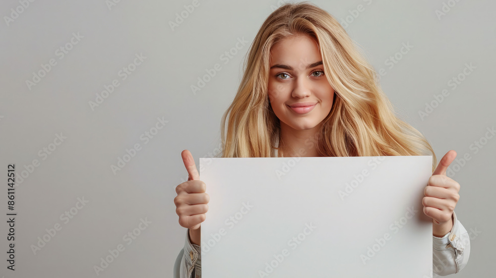 Naklejka premium Successful Blonde Businesswoman Holding Blank Sign with Thumbs Up