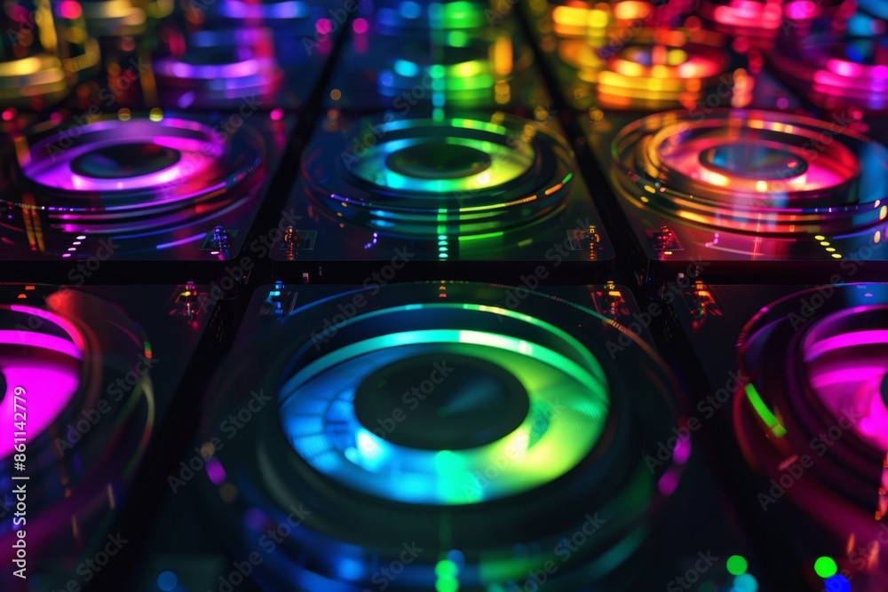 Digital generated image of semi transparent multiple data server discs changing colors to rainbow ramp during their activity on black digital surface. Digital generated image of semi transparent multiple data server discs changing colors to rainbow ramp during their activity on black digital surface.