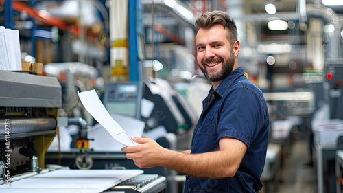 Professional Printer at Work: Smiling Man Operating Modern Machinery