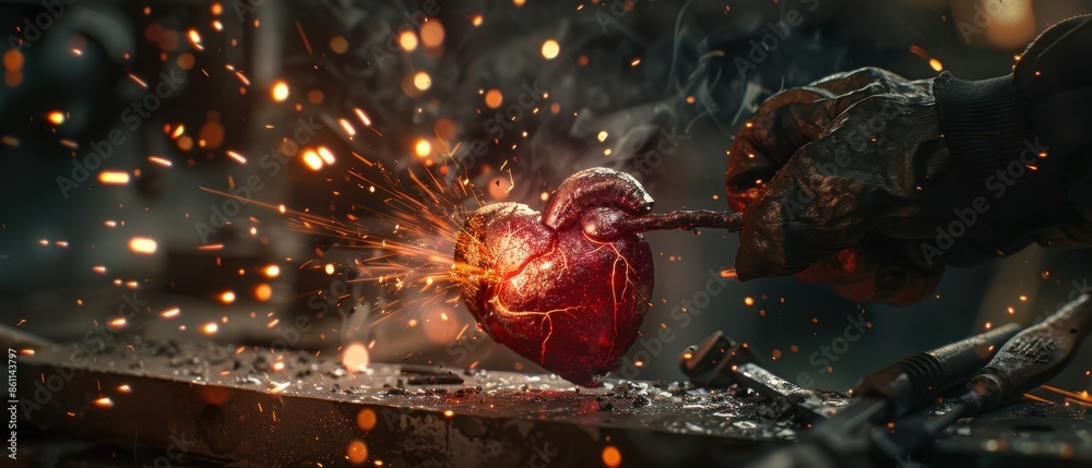 Artistic representation of a red heart being forged on an anvil ...