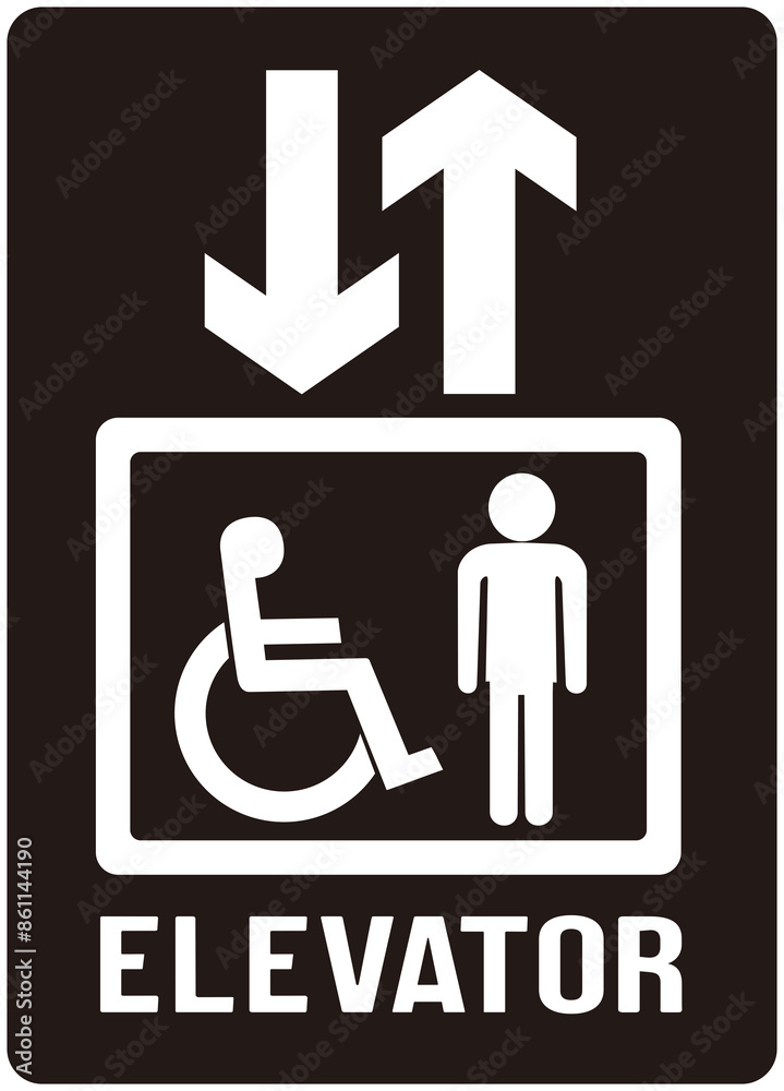 A sign indicating an elevator that also serves the disabled people in wheelchairs A sign indicating an elevator that also serves the disabled people in wheelchairs