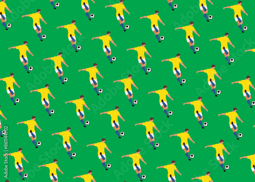 Repetition of man in yellow uniform kicking soccer ball against green background photo