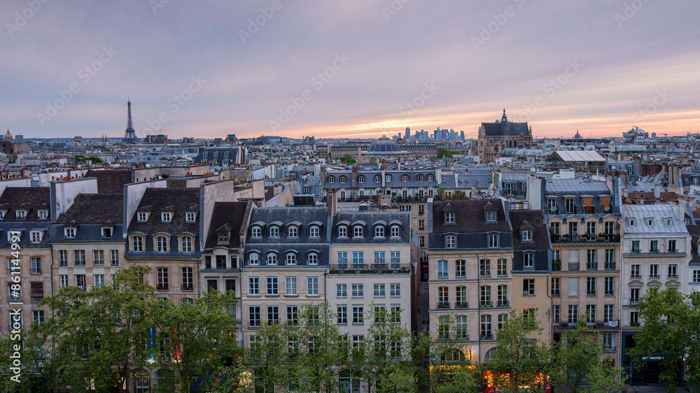France, Ile-de-France, Paris, Row houses at dusk France, Ile-de-France, Paris, Row houses at dusk