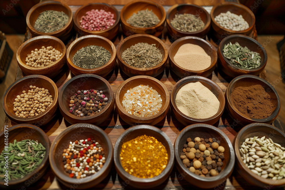 Neatly arranged wooden bowls filled with various spices and herbs creating a colorful and organized display Neatly arranged wooden bowls filled with various spices and herbs creating a colorful and organized display