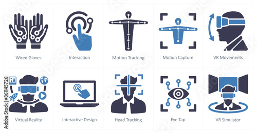 A set of 10 Virtual Reality icons as wired gloves, interaction, motion tracking