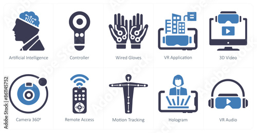 A set of 10 Virtual Reality icons as artificial intelligence, controller, wired gloves