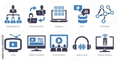 A set of 10 Virtual Reality icons as social network, communication, software