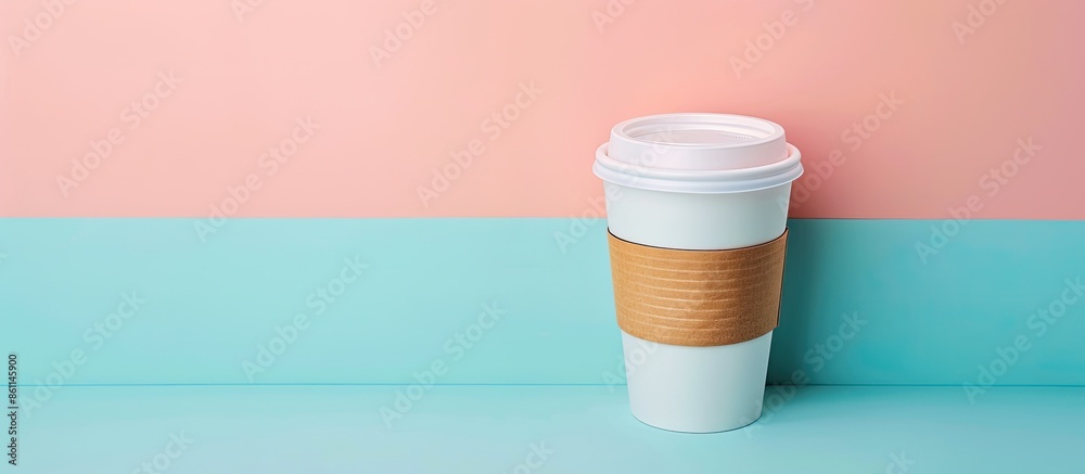 Paper cup of coffee isolated on pastel background Design. Copy space image. Place for adding text and design Paper cup of coffee isolated on pastel background Design. Copy space image. Place for adding text and design