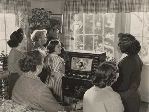 Family gathered around a radio, black and white