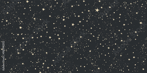 Black background with stars, seamless pattern in boho style for tarot, astrology, zodiac signs. Vintage vector art, magic universe.