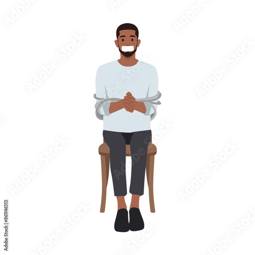 Young man was kidnapped and tied up in a chair. Flat vector illustration isolated on white background