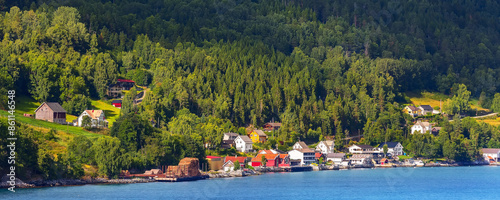 Norway, Olden village and fjord landscape