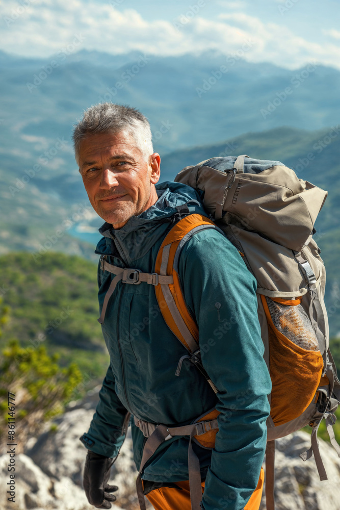 Elderly man hiking on a mountain trail. Middle-aged man hiking Elderly man hiking on a mountain trail. Middle-aged man hiking