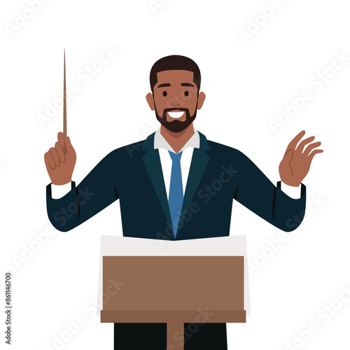 Young man who directs the performance of orchestra or choir. Bandleader. Flat vector illustration isolated on white background