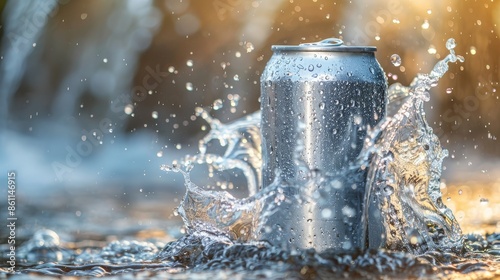 Aluminum cans. Empty can with splashing water on natural background, clear face, blurred background