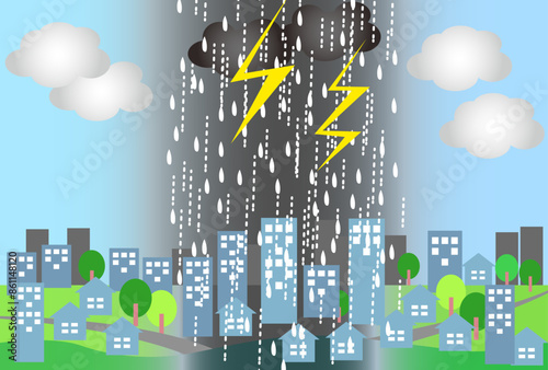 ゲリラ雷雨/集中豪雨の街並みイラスト
