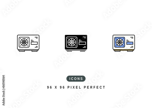 Compressor Icon. Heat Air Pump Outside Pictogram Graphic Illustration. Isolated Simple Line Icon For Infographic, App and Web Button.