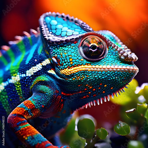 A vibrant chameleon blending into a lush tropical background, its colors shifting vividly, illustrates nature's remarkable camouflage and the kaleidoscopic beauty of its surroundings