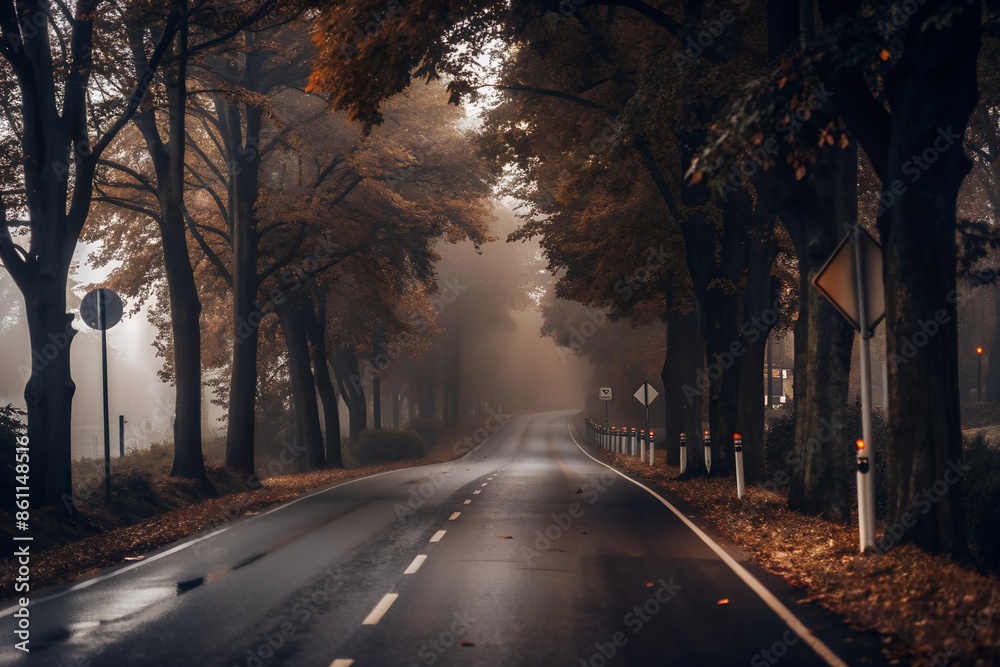 Misty road flanked by trees and signs on a foggy day Misty road flanked by trees and signs on a foggy day