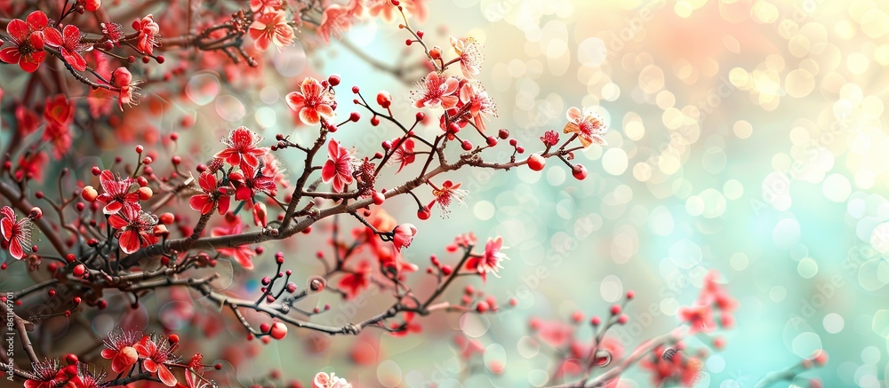 The tree has trunks with beautiful red flowers and thorns, with a pastel background. Copy space image. Place for adding text and design The tree has trunks with beautiful red flowers and thorns, with a pastel background. Copy space image. Place for adding text and design