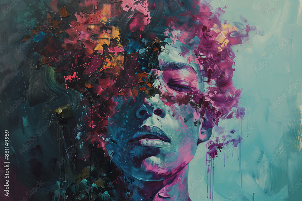 Abstract, colorful painting of a woman's face with vibrant, swirling patterns and textures Abstract, colorful painting of a woman's face with vibrant, swirling patterns and textures