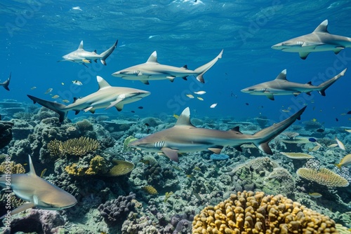 Grey reef sharks (Carcharhinus amblyrhynchos) in number in Fakarava, French Polynesia photo