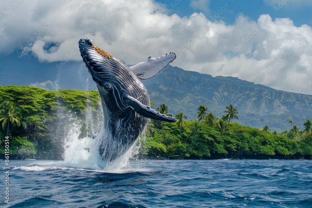 Humpback whale breach in front of tropical island.