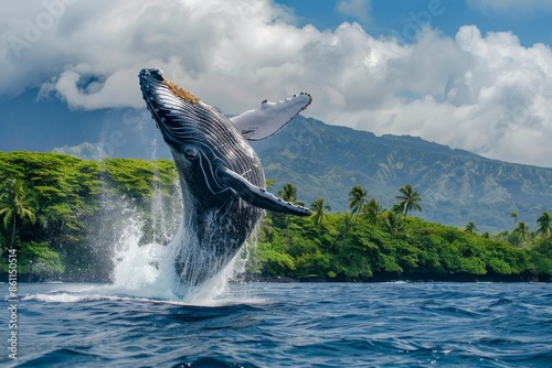 Obraz na płótnie Humpback whale breach in front of tropical island. w salonie