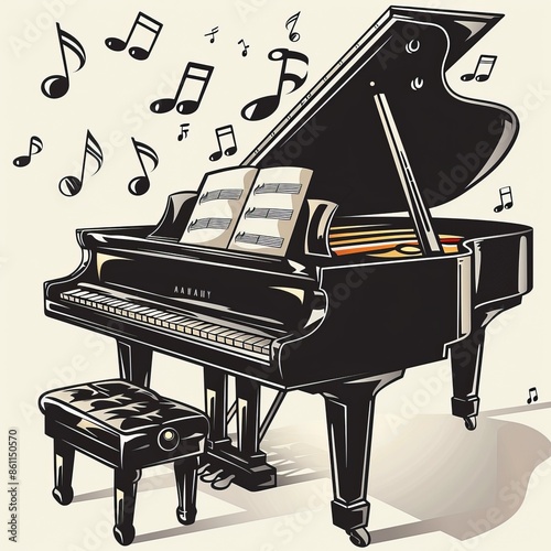Cartoon music notes flowing from a grand piano