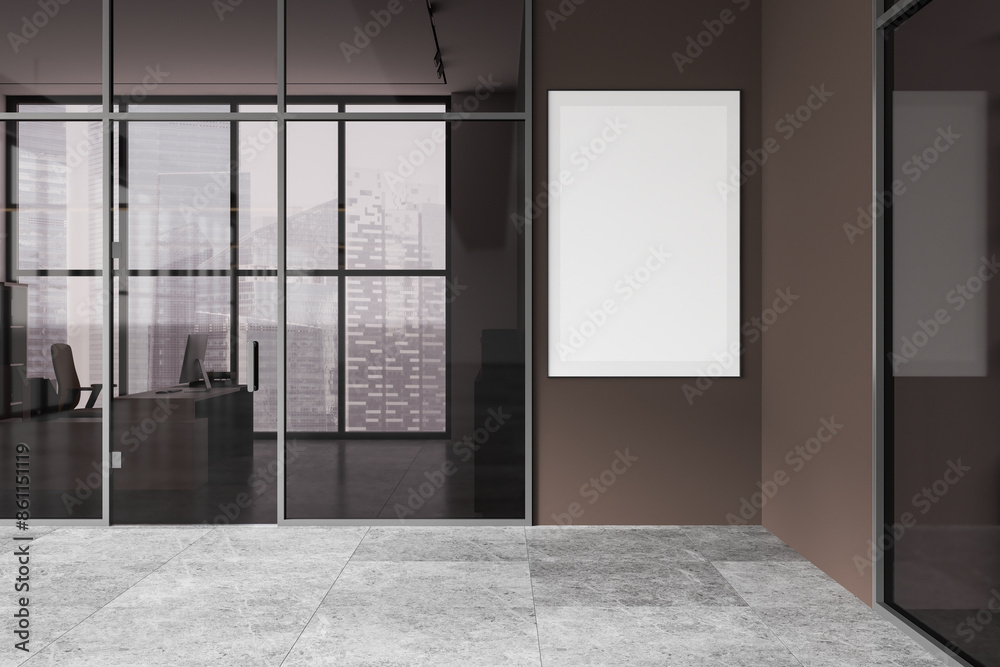 Dark office room interior with glass room and panoramic window. Mockup frame Dark office room interior with glass room and panoramic window. Mockup frame