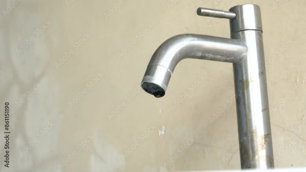 Water drips from a stainless steel water faucet. Water drips from a stainless steel water faucet.